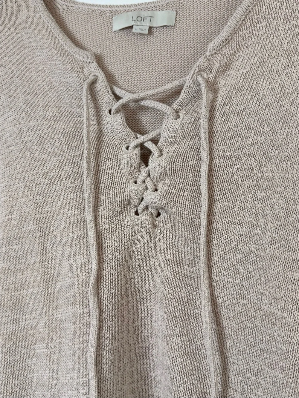 LOFT Tan Neutral Lace Up V-Neck Knit Sweater Large Ramie Cotton Blend Coastal